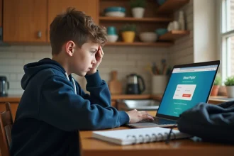 Adolescent frustré assis à la table de cuisine tentant de se connecter à Scolinfo sur un ordinateur portable, cahier de textes oublié à côté