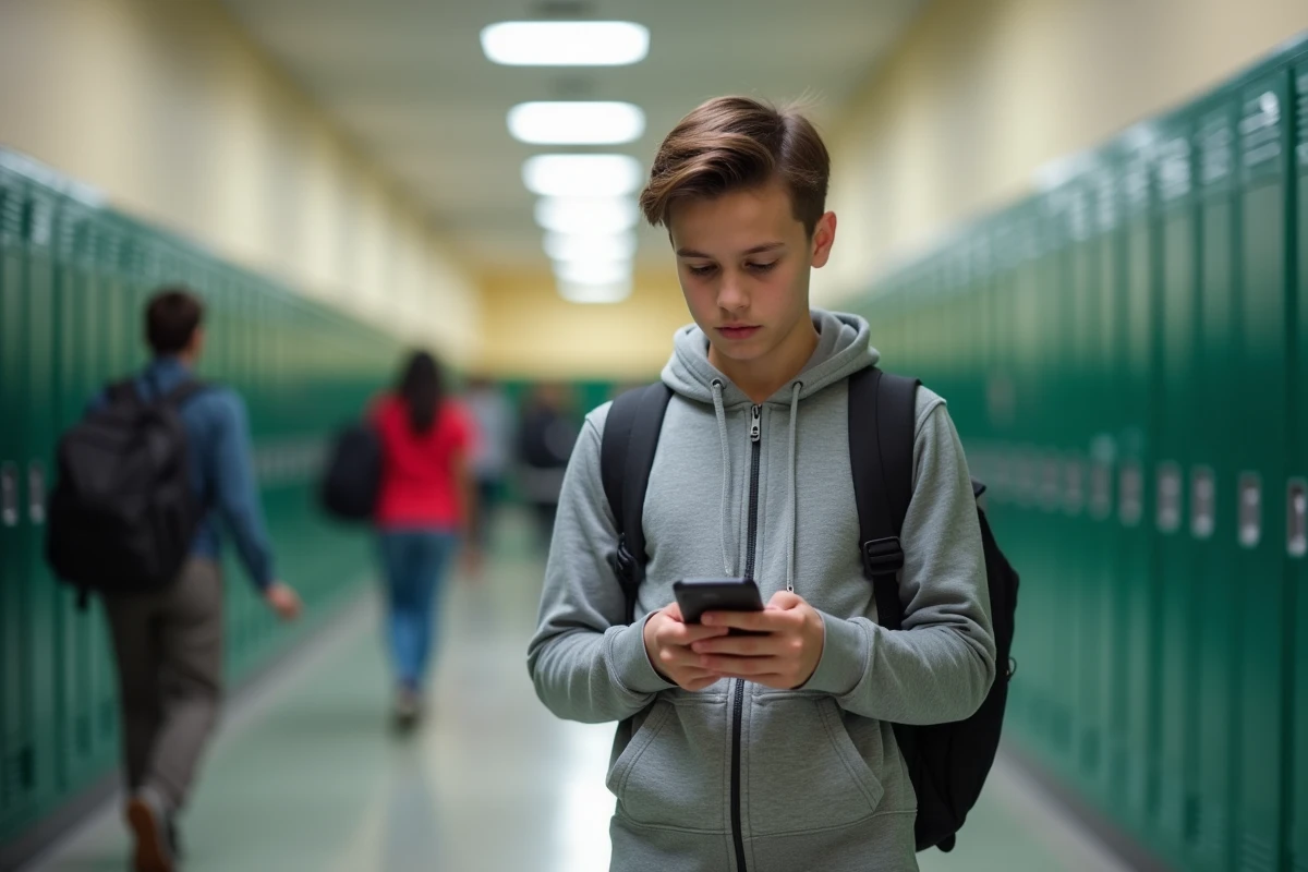 Adolescent utilisant l'ENT16 sur iPhone dans un couloir de lycée pour consulter ses devoirs entre les cours