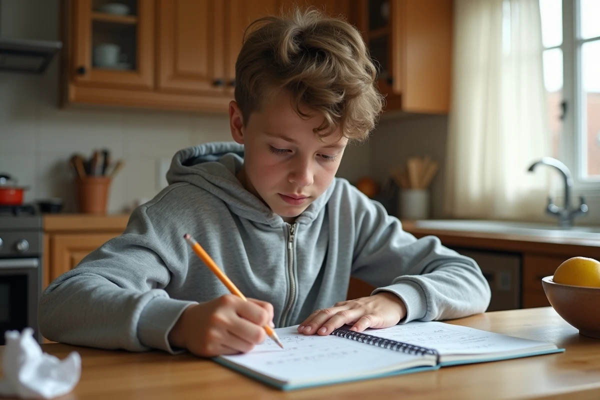 Adolescent résolvant un exercice de factorisation du nombre 16 dans un cahier à la maison