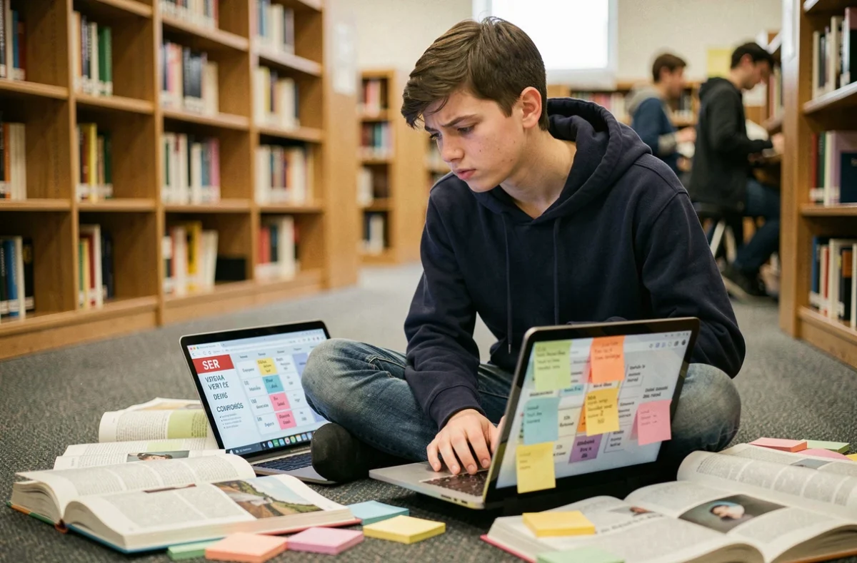 Adolescent étudiant les temps du passé du verbe SER en espagnol entouré de manuels et de notes autocollantes colorées dans une bibliothèque