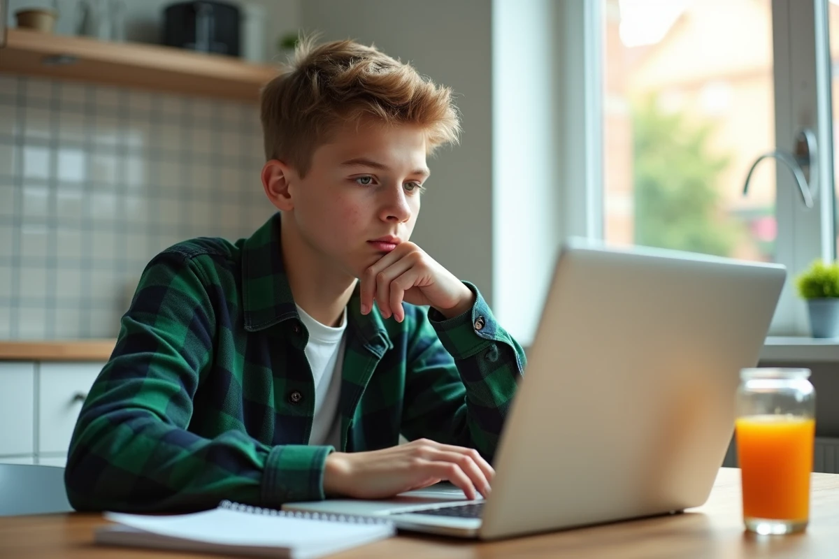 Adolescent qui utilise un site de révision gratuit sur ordinateur dans une cuisine familiale moderne