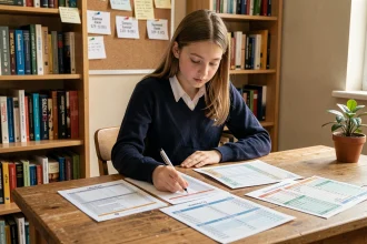 Adolescente consultant les menus et emplois du temps scolaires imprimés sur un bureau en bois à la maison