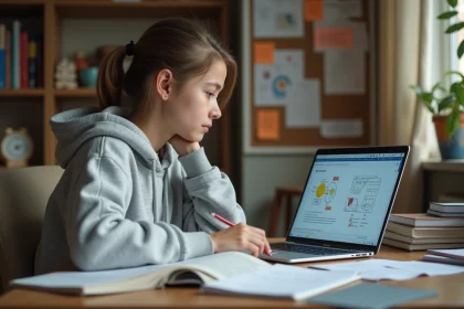 Adolescente révisant sur un site éducatif gratuit depuis son bureau à la maison avec des manuels scolaires ouverts