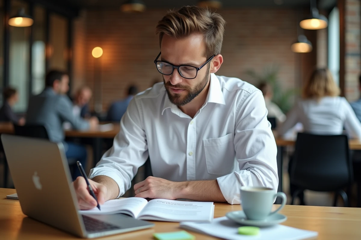 Professionnel adulte étudiant un manuel de formation à l'instruction professionnelle dans un espace de coworking moderne