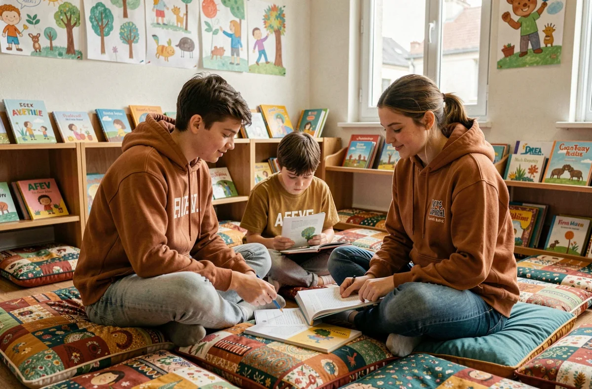 Bénévoles étudiants de l'AFEV accompagnant un jeune élève dans un centre communautaire coloré en banlieue parisienne