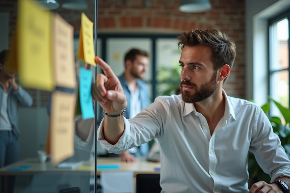 Analyste QA masculin organisant des cas de test sur une paroi vitrée dans un open space tech