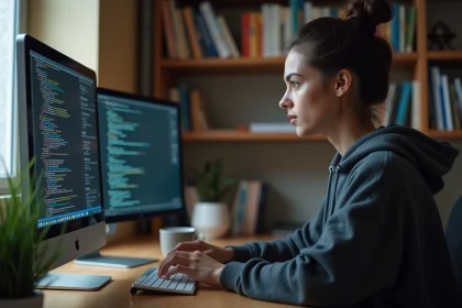 Jeune femme analyste QA autodidacte travaillant sur du code dans un bureau à domicile
