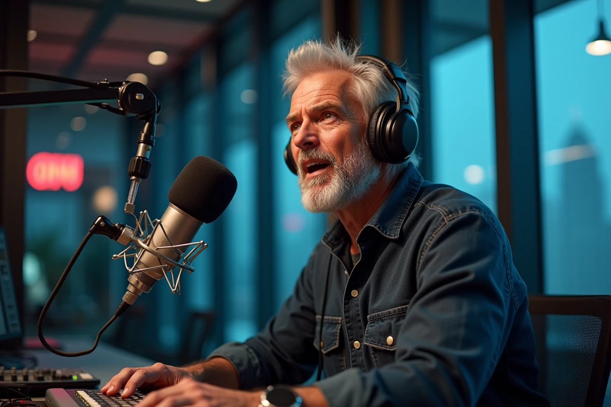 Animateur radio professionnel enregistrant une émission en direct dans un studio de radiodiffusion, représentant les médias audiovisuels