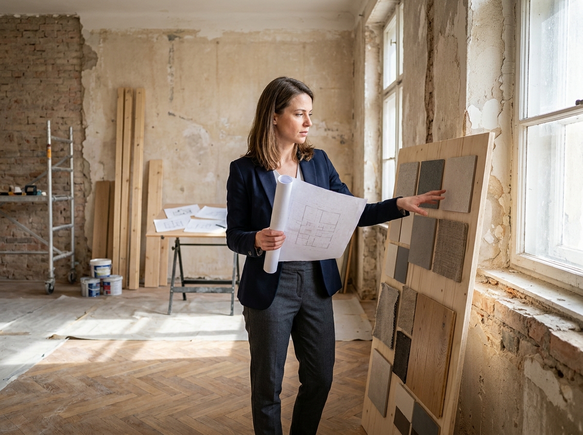 Architecte d'intérieur en formation examinant des échantillons de matériaux et des plans dans un appartement en cours de rénovation