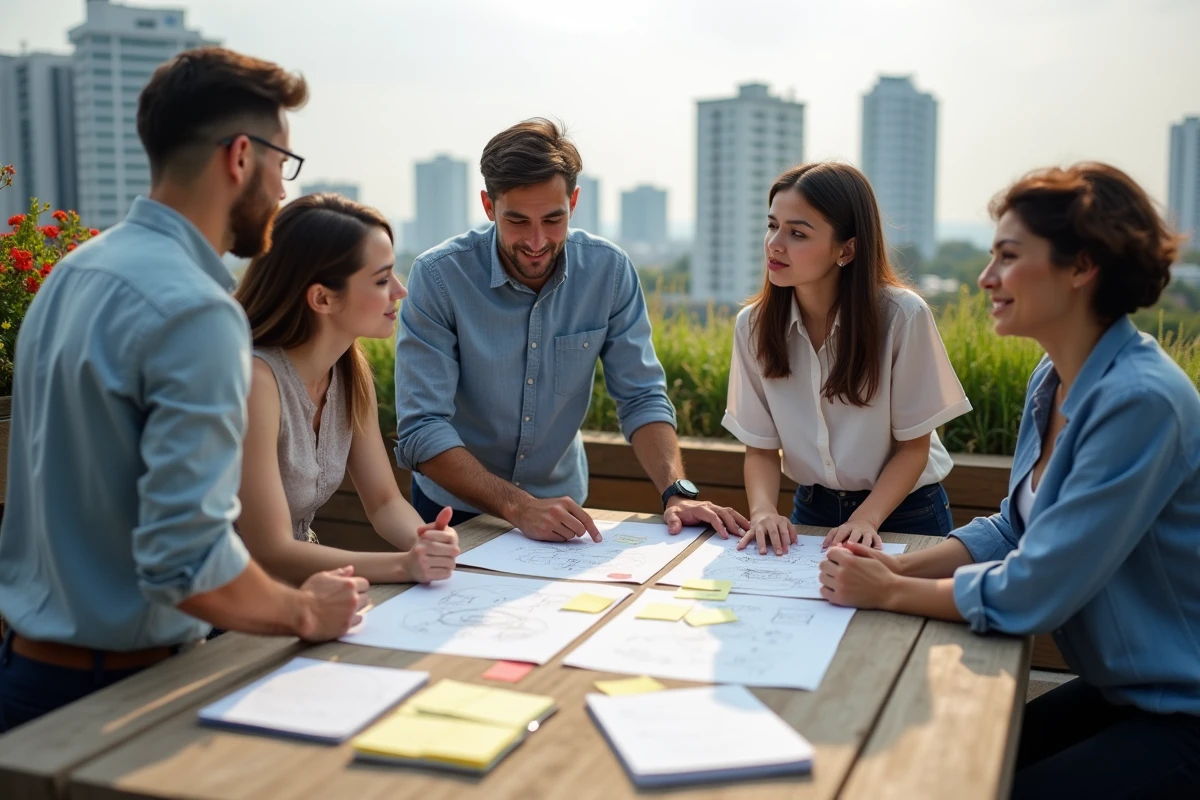 Groupe de jeunes professionnels participant à un atelier de leadership collaboratif sur une terrasse urbaine