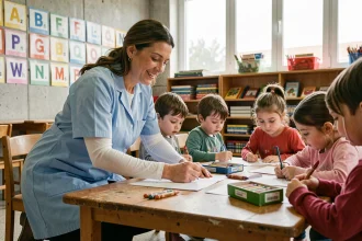 ATSEM en blouse bleue aidant des élèves en maternelle dans une salle de classe française