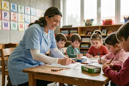 ATSEM en blouse bleue aidant des élèves en maternelle dans une salle de classe française