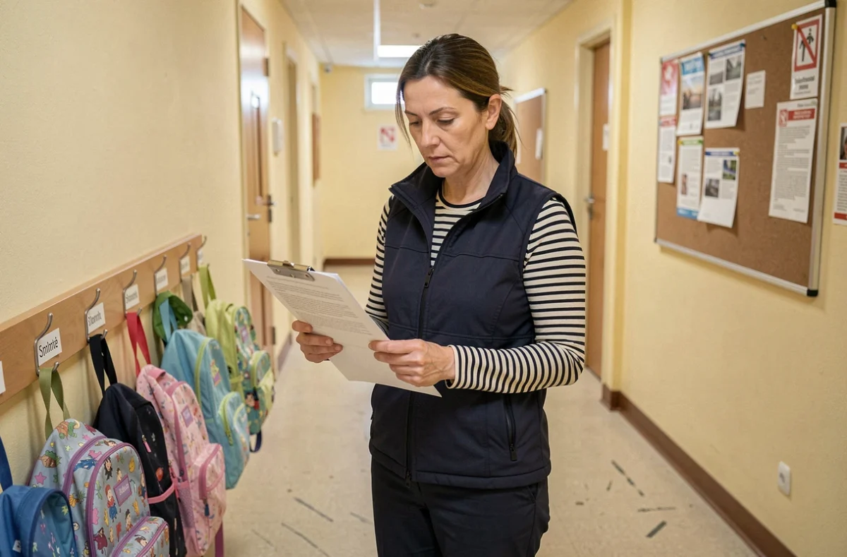 ATSEM consultant un document administratif dans le couloir d'une école maternelle