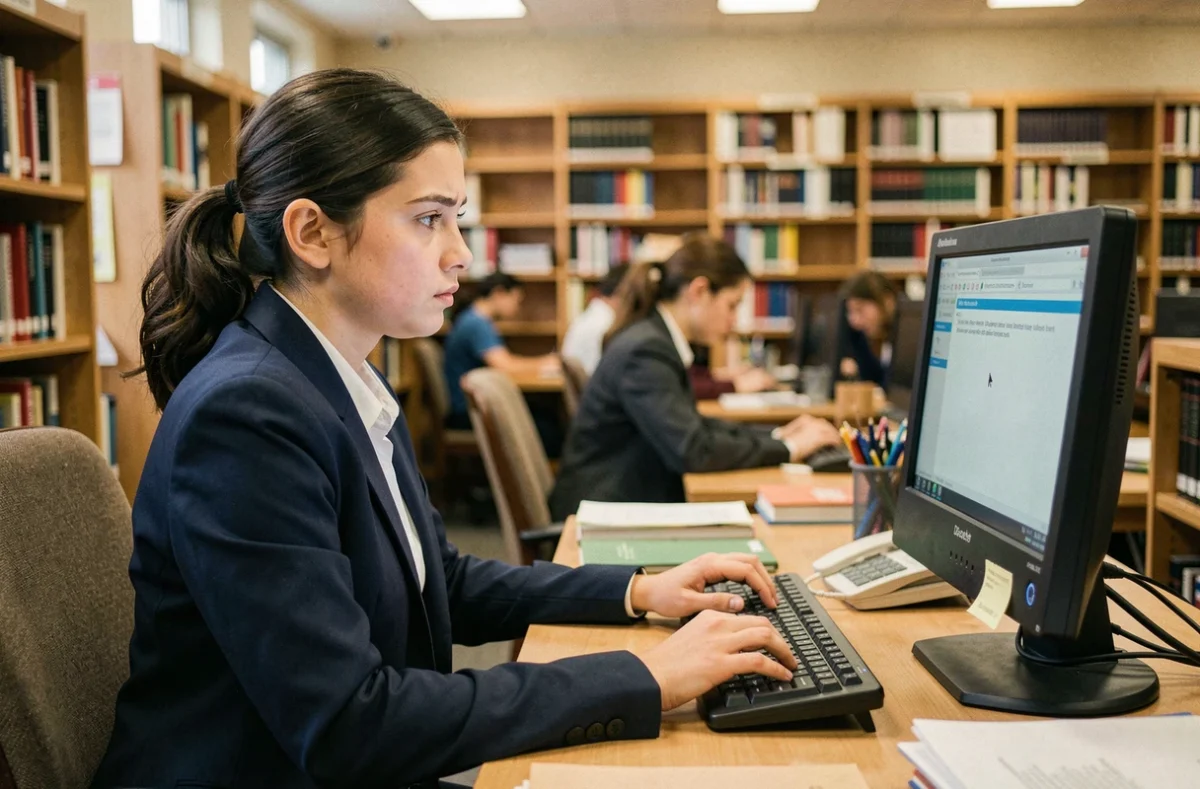 Jeune femme tentant de se connecter à un compte Arena Versailles dans une bibliothèque universitaire, erreur d'authentification