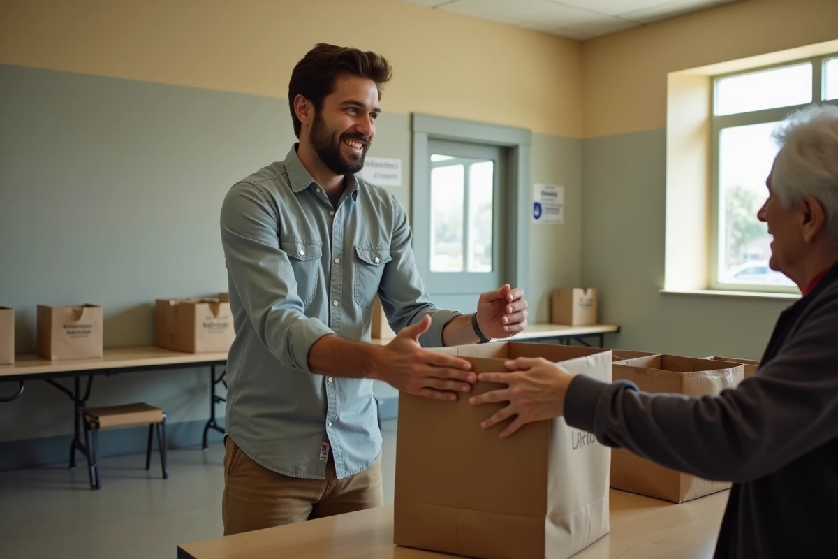 Jeune bénévole distribuant des denrées alimentaires dans une banque alimentaire communautaire