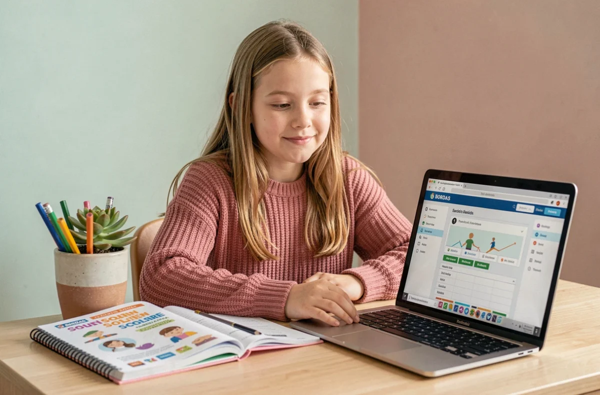 Lycéenne utilisant un cahier Bordas Soutien Scolaire et une plateforme en ligne dans un espace de travail calme à la maison