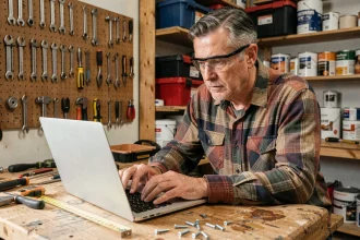 Artisan bricoleur consultant un site d'avis en ligne sur un ordinateur portable dans un atelier de maison équipé d'outils