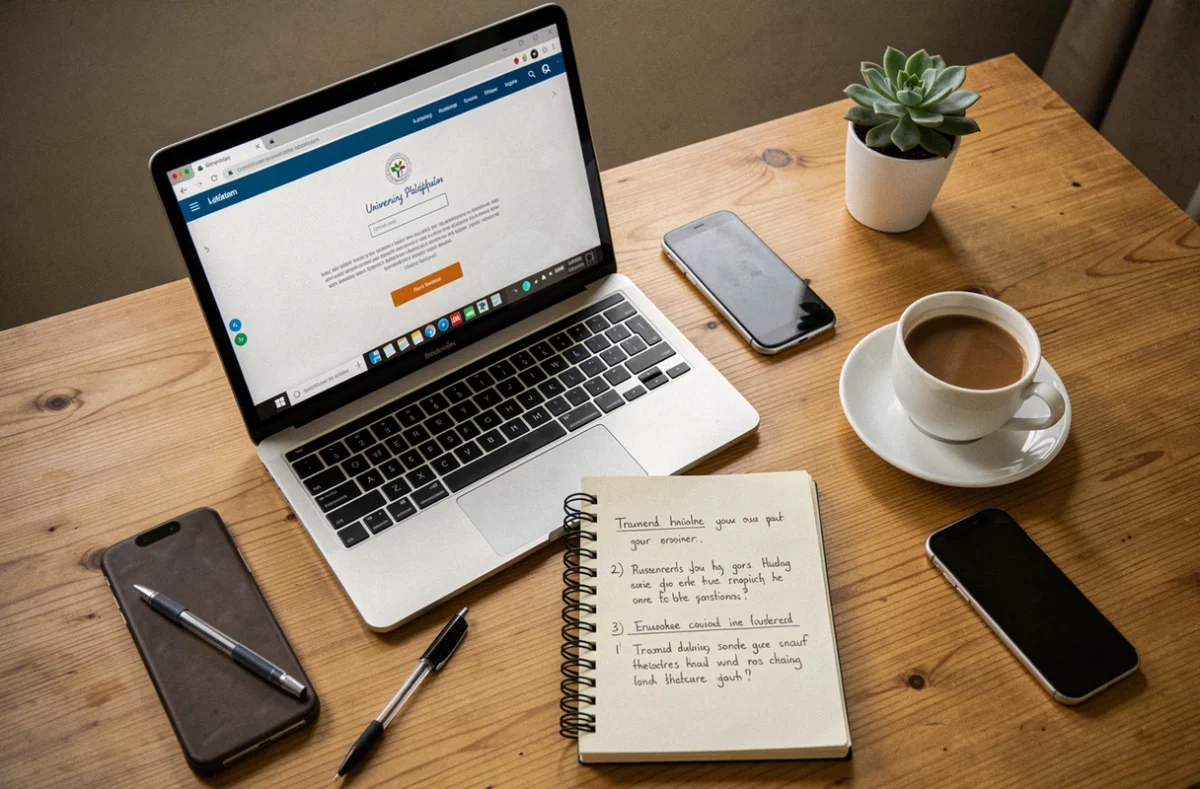 Vue de dessus d'un bureau avec ordinateur affichant une erreur de connexion à une plateforme universitaire, bloc-notes avec étapes de dépannage et café