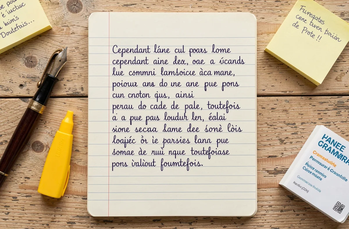 Vue aérienne d'un cahier avec des connecteurs logiques écrits en français à la main, entouré d'un stylo plume et de notes de grammaire
