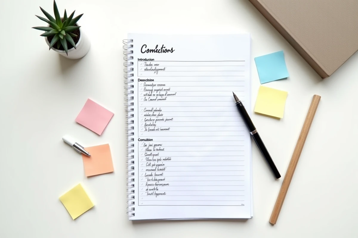 Vue aérienne d'un cahier avec des listes de connecteurs logiques manuscrites en français classées par introduction, développement et conclusion sur un bureau épuré