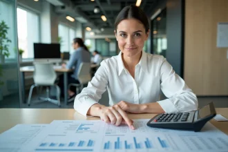 Femme analysant des tableaux financiers pour calculer des valeurs actuelles nettes dans un bureau moderne