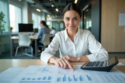 Femme analysant des tableaux financiers pour calculer des valeurs actuelles nettes dans un bureau moderne
