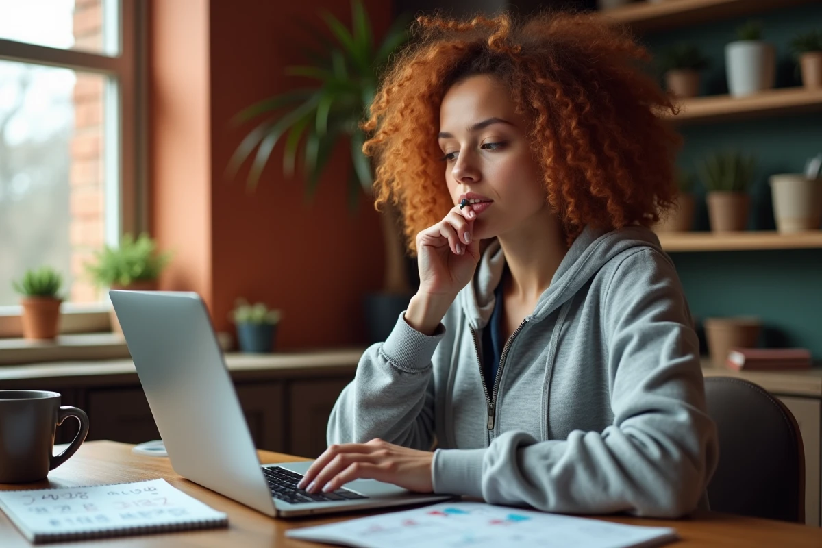 Jeune femme calculant la valeur actuelle sur un ordinateur portable à la maison avec un cahier de notes financières
