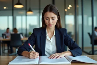 Professionnelle en finance étudiant des matériaux de certification comptable dans un bureau moderne