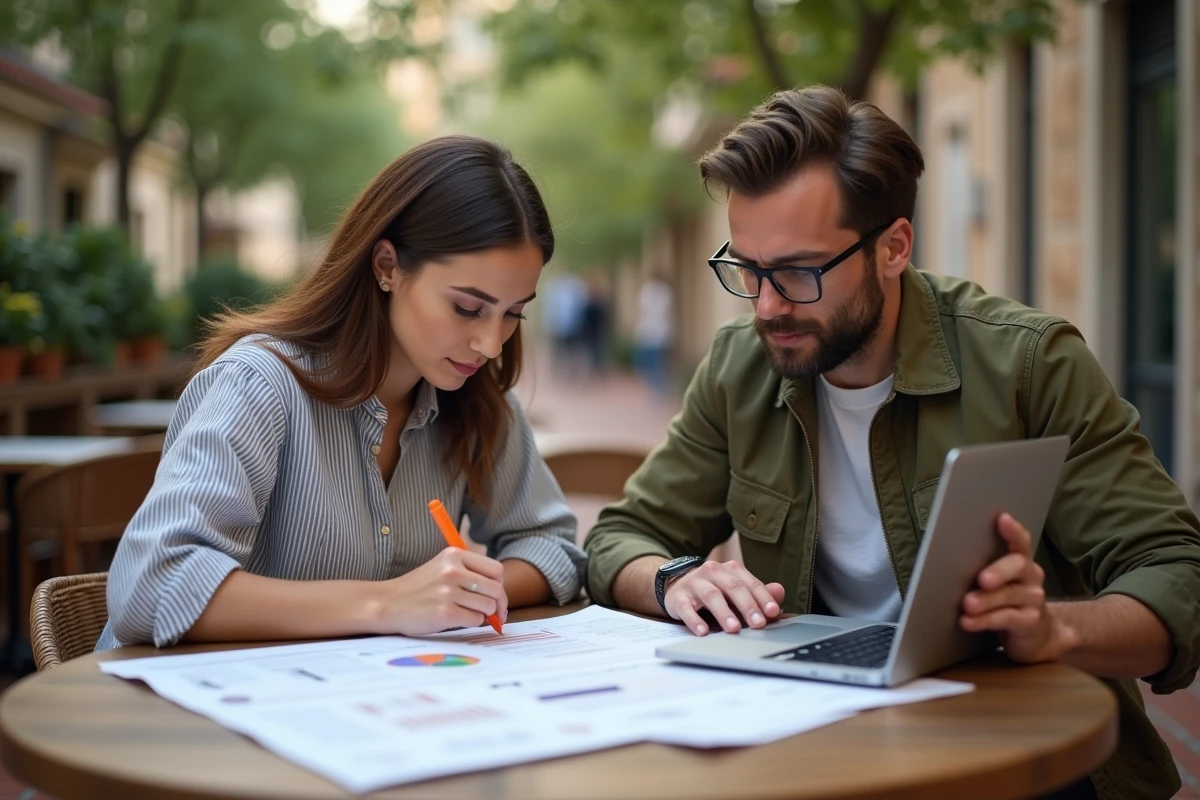 Deux collègues collaborant sur la rédaction d'un projet de développement en terrasse urbaine avec documents imprimés