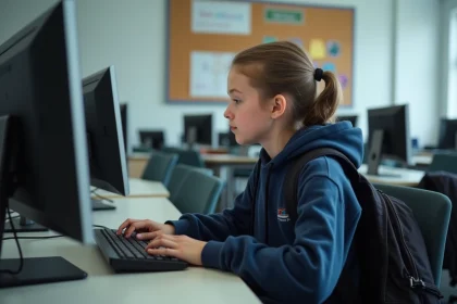 Collégienne tapant un mot de passe sécurisé sur un ordinateur en salle informatique au collège