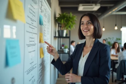 Une professionnelle présente une stratégie d'innovation devant un tableau blanc couvert de diagrammes dans un bureau moderne
