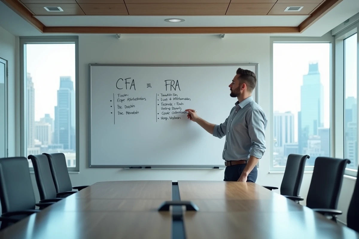 Formateur en finance comparant les certifications CFA, CPA et FRM sur un tableau blanc en salle de séminaire