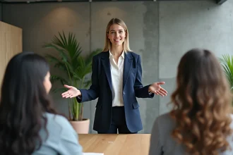 Femme développant ses compétences en communication lors d'une présentation en réunion d'équipe en entreprise