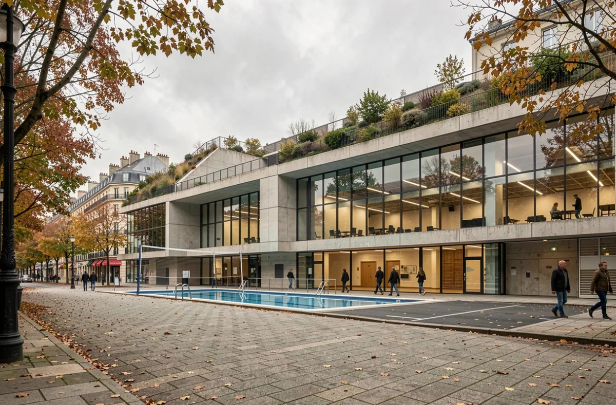 Façade extérieure d'un complexe sportif public à Grenoble illustrant la différence entre PIA et arena