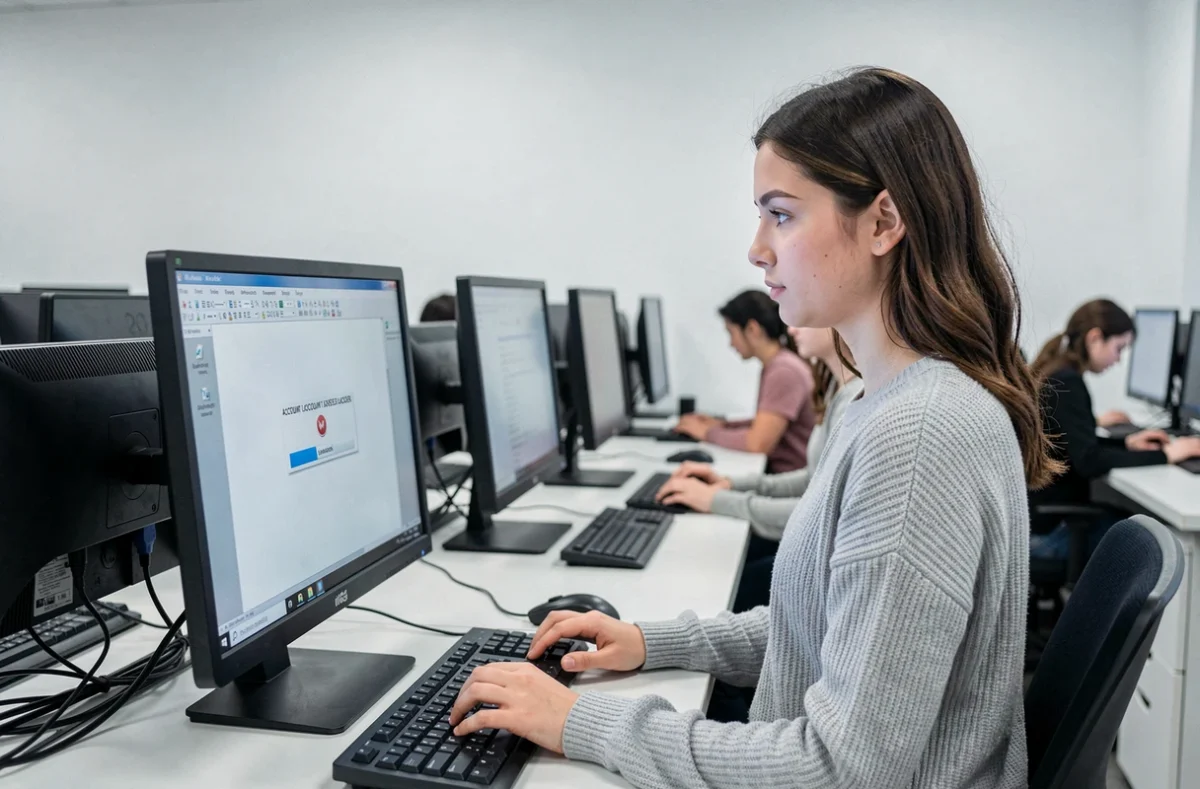Étudiante face à un message de compte bloqué sur un ordinateur en salle informatique d'université