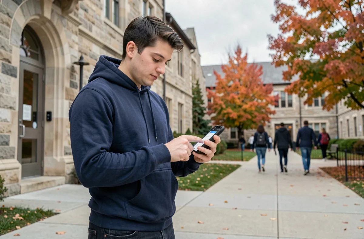Étudiant configurant la messagerie mail AC Strasbourg sur iPhone devant un campus universitaire