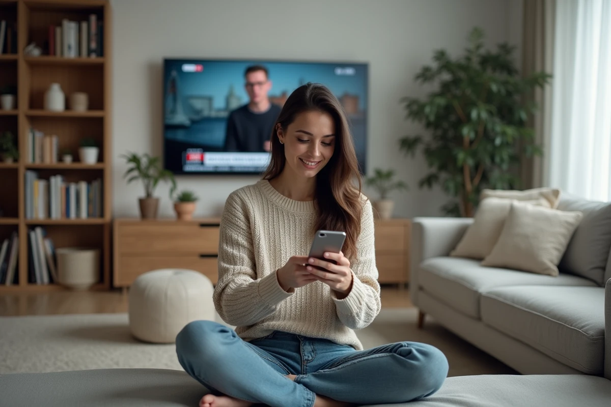 Jeune femme consultant son smartphone et regardant un journal télévisé simultanément, symbolisant la coexistence des médias numériques et traditionnels