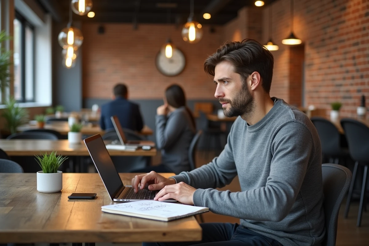 Consultant en marketing digital travaillant sur une stratégie de réputation en ligne dans un espace de coworking