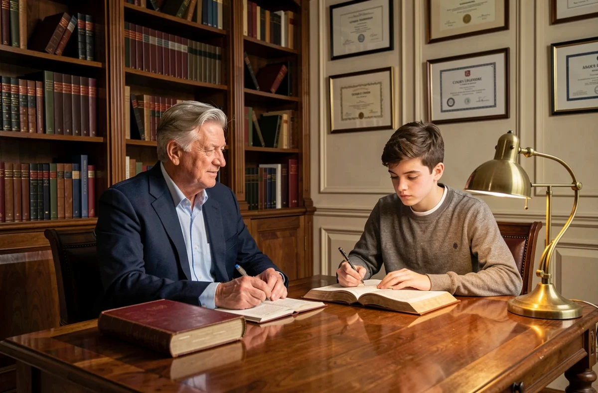 Professeur des Cours Legendre travaillant avec un lycéen sur des textes classiques dans une salle d'étude élégante aux bibliothèques en bois
