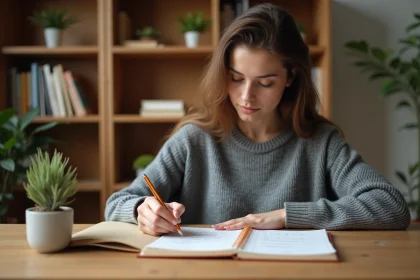 Jeune femme créant un tableau de déclinaison allemand à la main dans un carnet, assise à un bureau en bois dans un espace d'étude organisé
