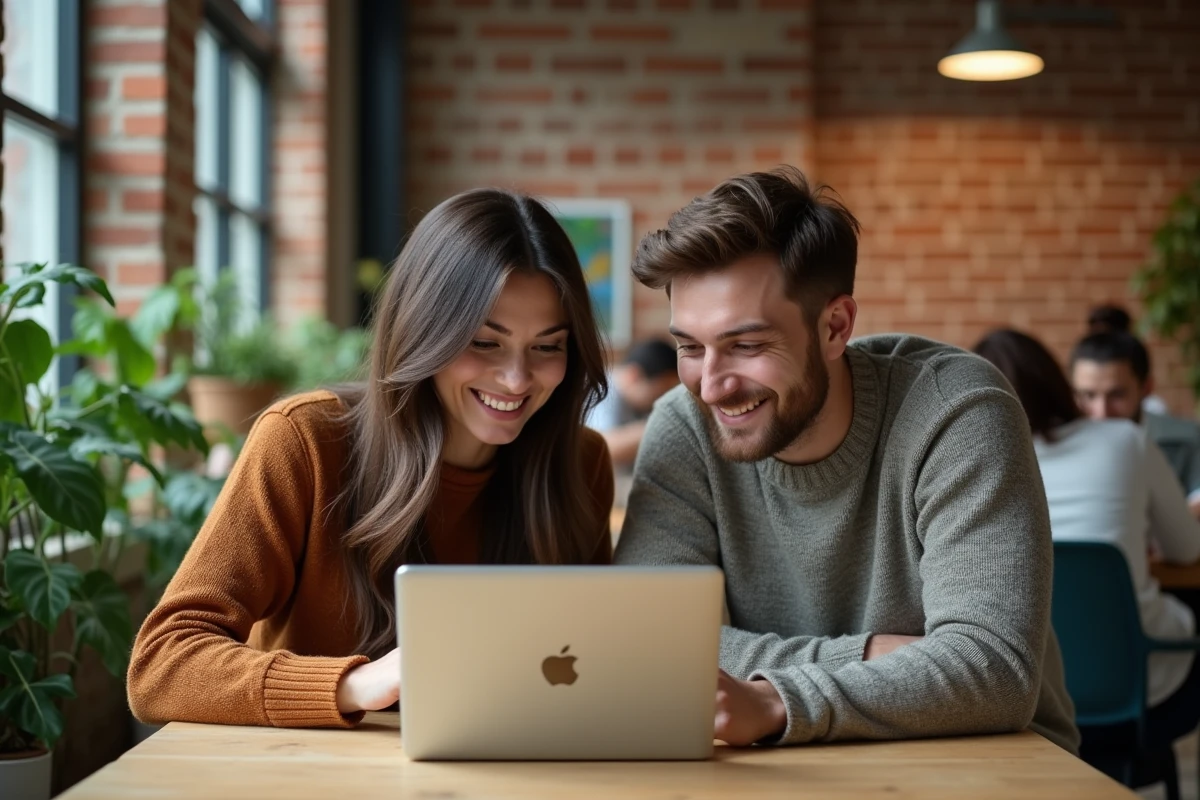Deux jeunes professionnels collaborant sur ordinateur dans un espace de coworking animé, symbolisant les domaines numériques et entrepreneuriaux comme secteurs d'avenir