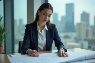 Femme professionnelle en blazer marine analysant des plans d'architecture dans une salle de réunion moderne avec vue sur la ville, illustrant les domaines d'avenir prometteurs