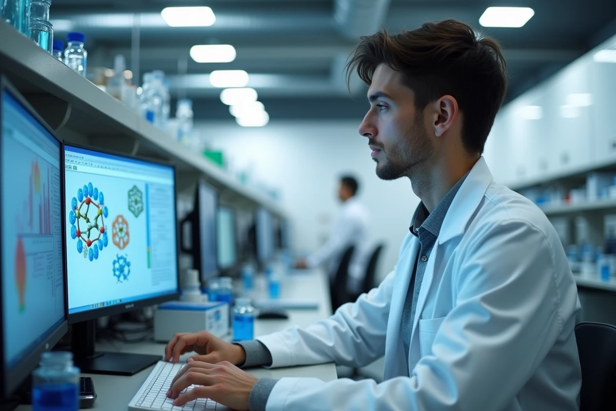 Chercheur en blouse blanche travaillant sur des données bioinformatiques dans un laboratoire moderne, représentant les secteurs scientifiques d'avenir à fort potentiel