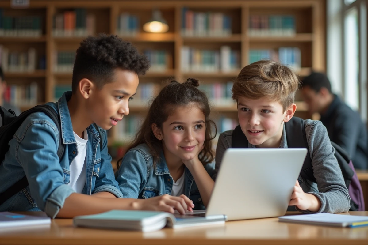 Groupe d'élèves de collège sensibilisés à la protection des données personnelles autour d'un ordinateur portable en CDI
