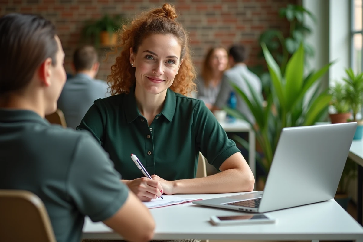 Femme de 44 ans sans diplôme travaillant comme conseillère indépendante dans un espace de coworking moderne