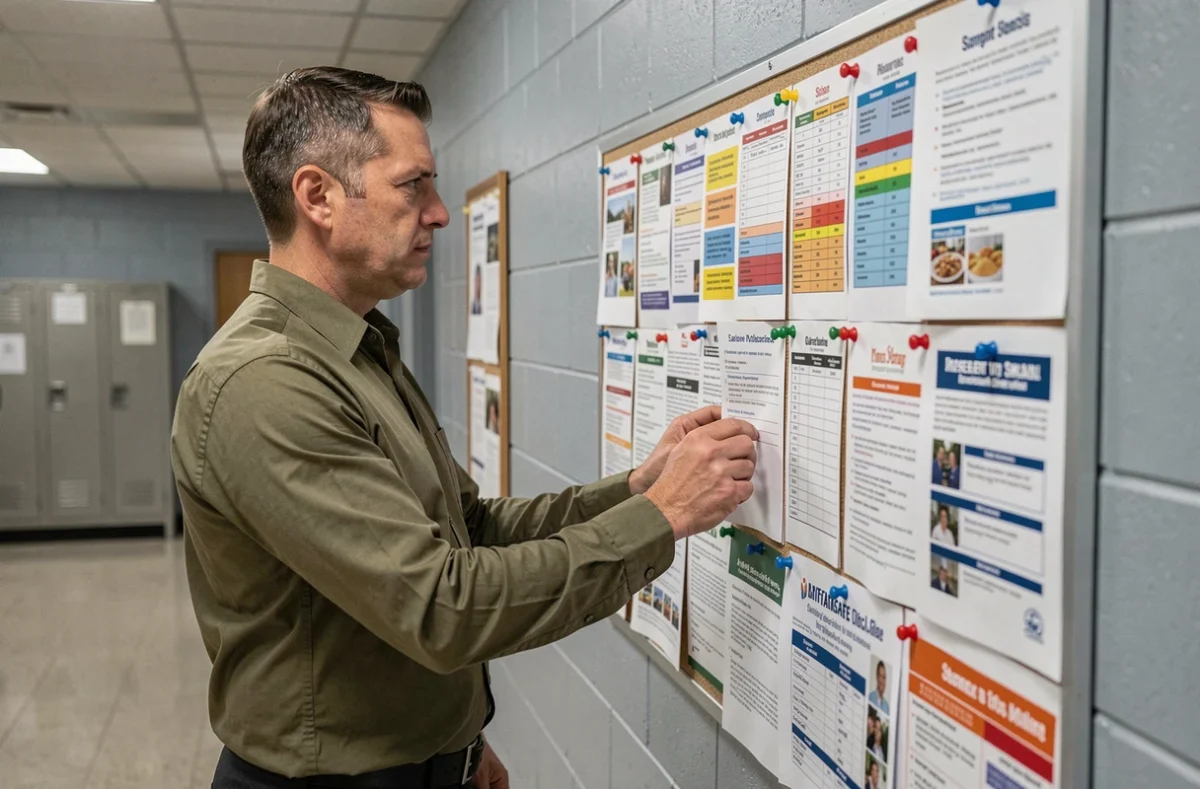 Enseignant affichant des menus et calendriers d'examens sur un panneau d'affichage dans un couloir scolaire