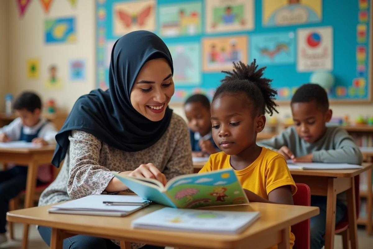Enseignante et élève issus de cultures différentes partageant un livre illustré dans une salle de classe multiculturelle