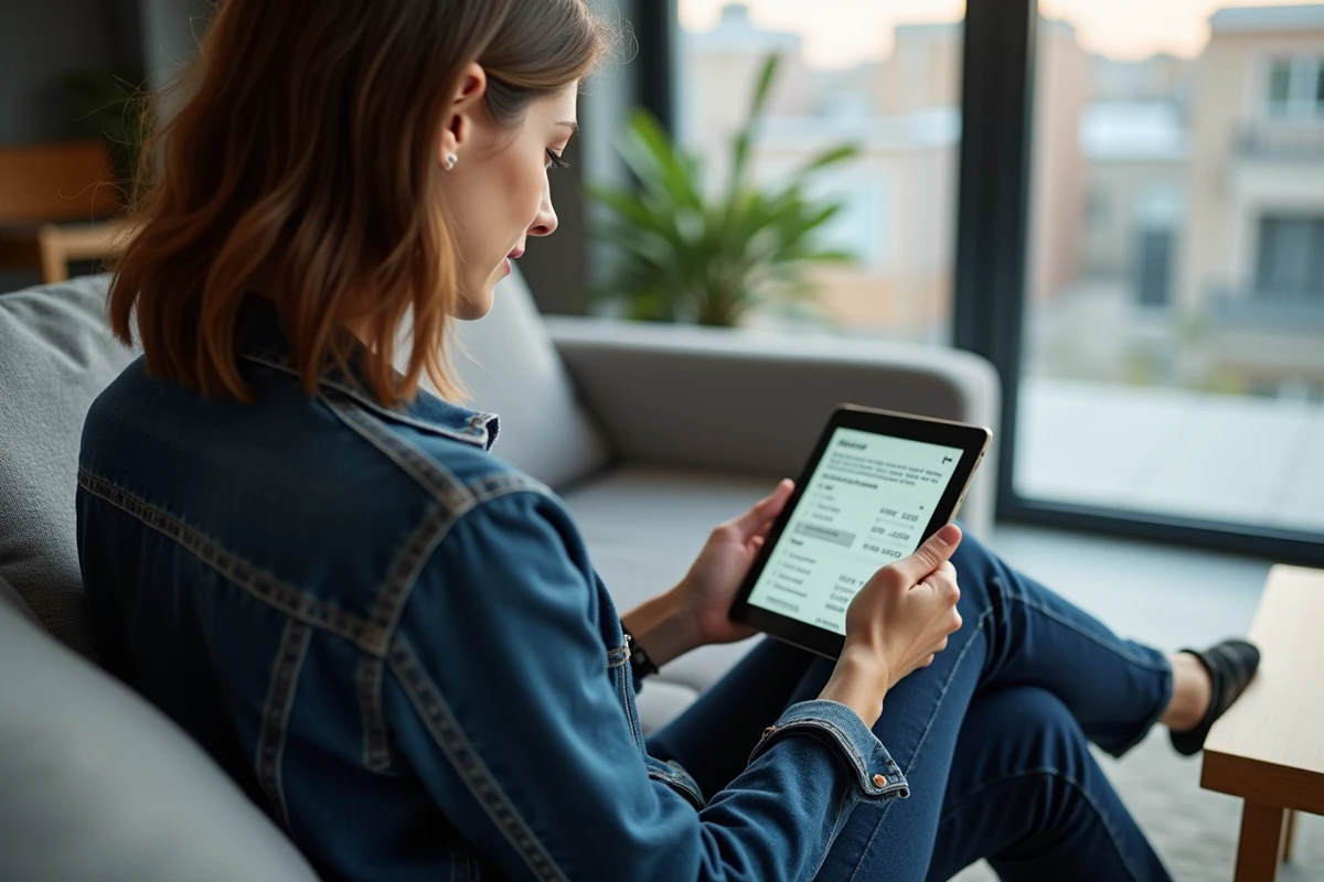 Femme s'entraînant aux questions du code de la route moto via un simulateur ETM sur tablette dans son salon