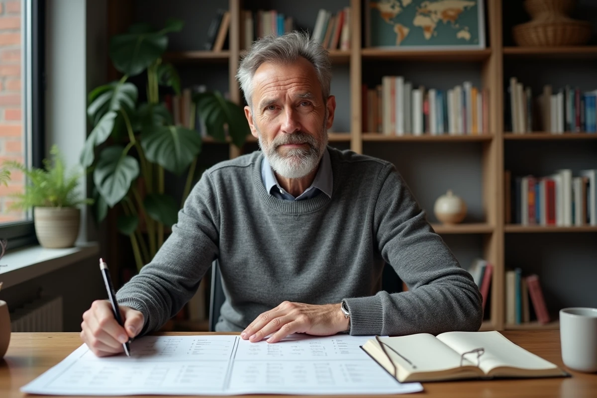 Entrepreneur étudiant une matrice d'Ansoff et des notes manuscrites sur les stratégies de développement à son bureau