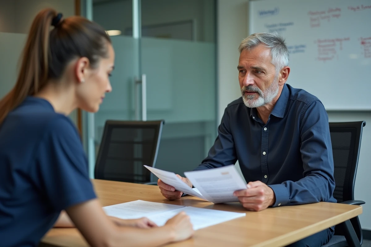 Homme en entretien avec un conseiller RH pour vérifier son éligibilité à la formation continue